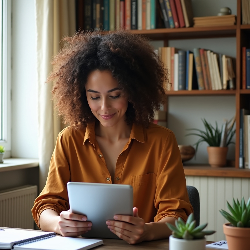 Woman reading educational material on a tablet at her home workspace