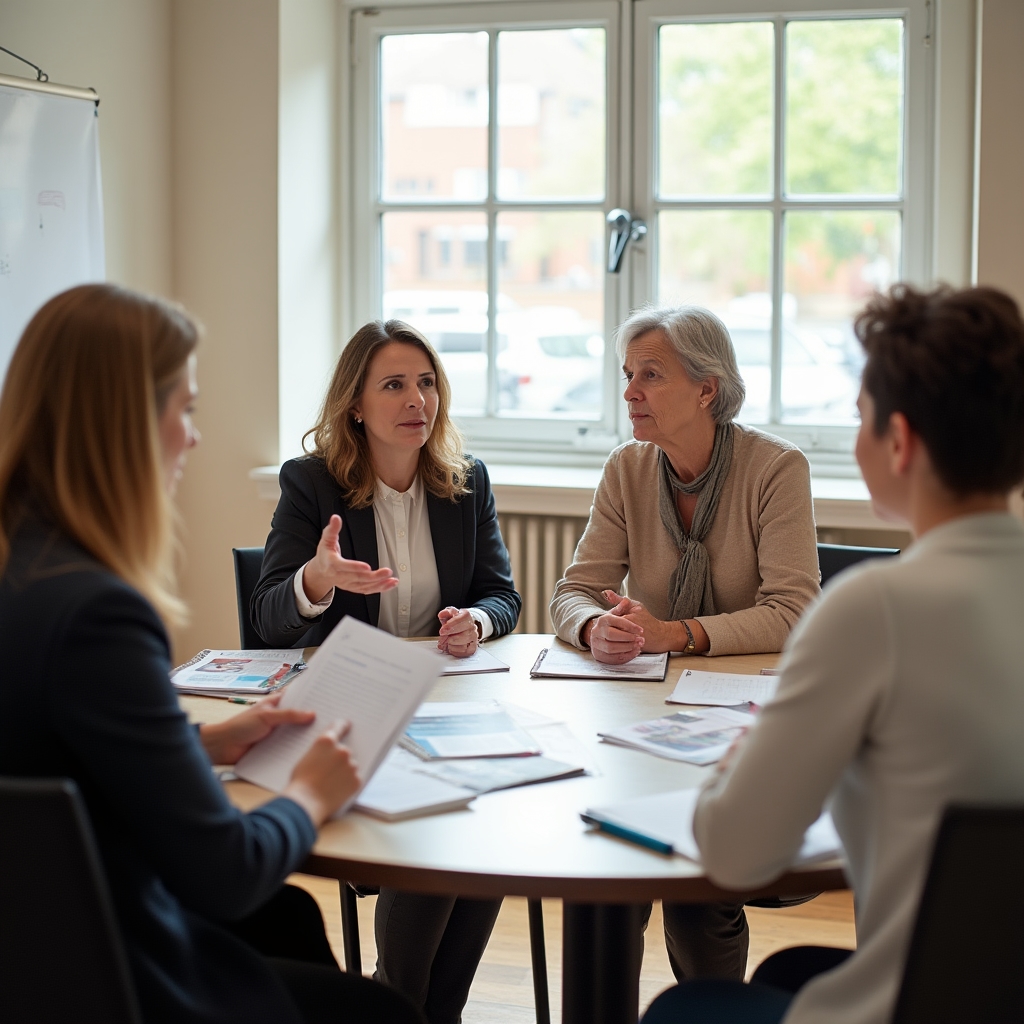 Group of domestic workers gathered in a community education setting, engaged and attentive