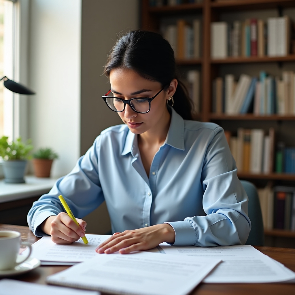 Person studying labor rights documentation at a home desk