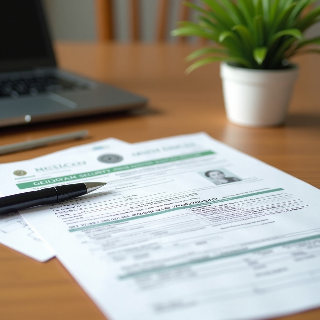Detailed view of IMSS registration documents and forms on a desk