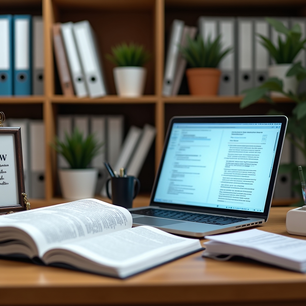 Organized home office with open legal books, a laptop, and neatly arranged documents on a wooden desk