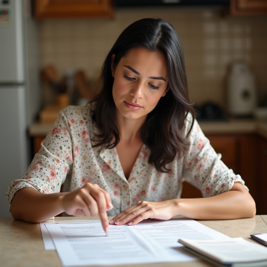 Domestic worker reviewing a work contract document at a kitchen table
